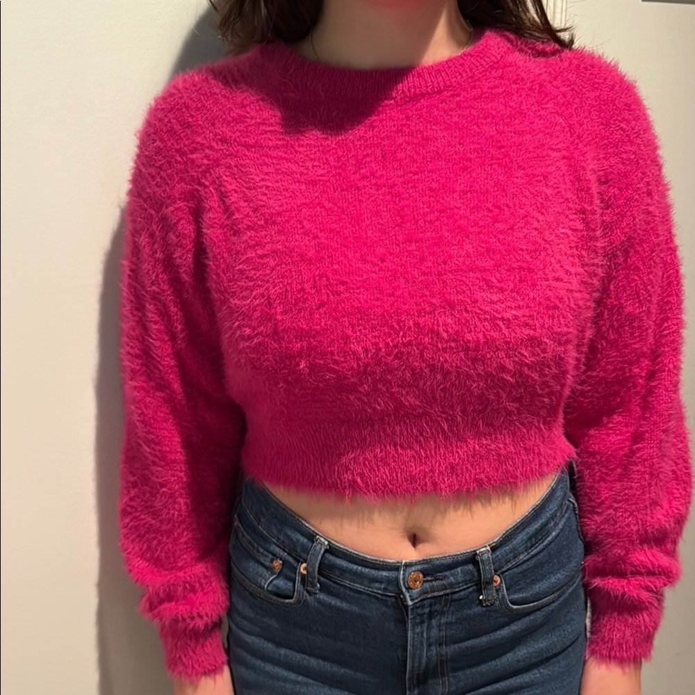 Fuzzy Pink Cropped Sweater